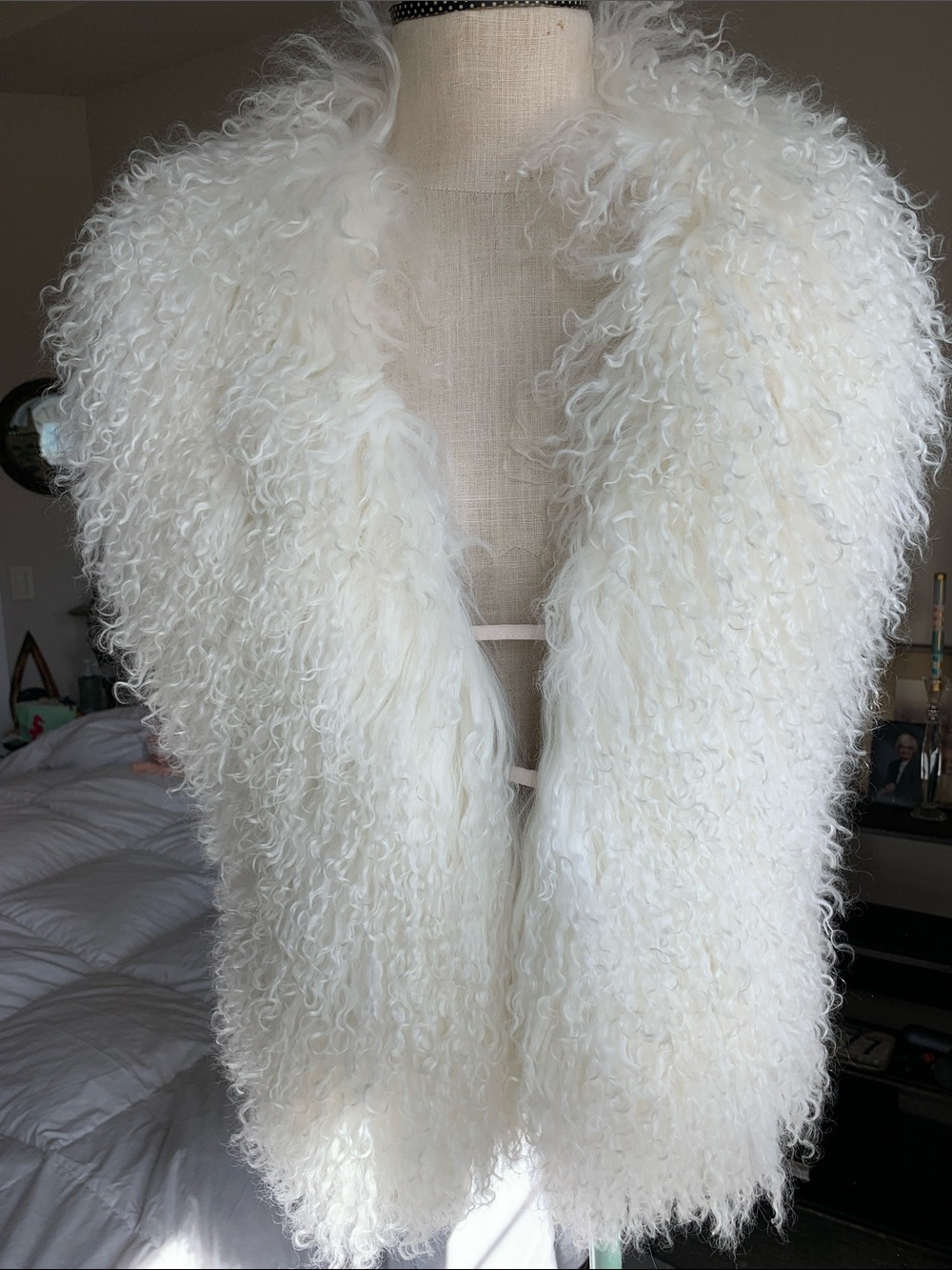 Real Mongolian Creamy Fur Halter Vest Sleeveless Deep V-Neck 2 Back Ties Size S